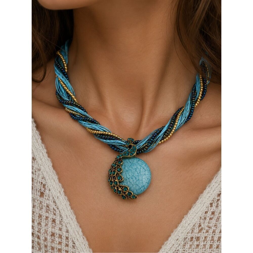Anthro Boho Blue Multi Strand Peacock Pendant Statement Necklace Beaded Collar